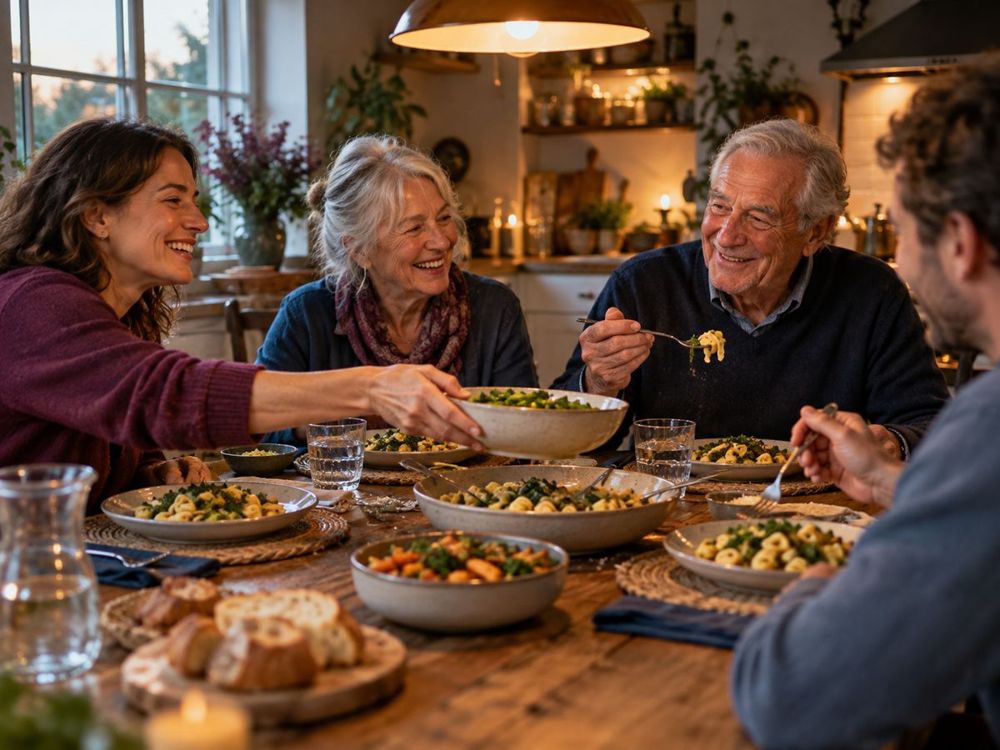 A family sharing a meal together at a dinner table.