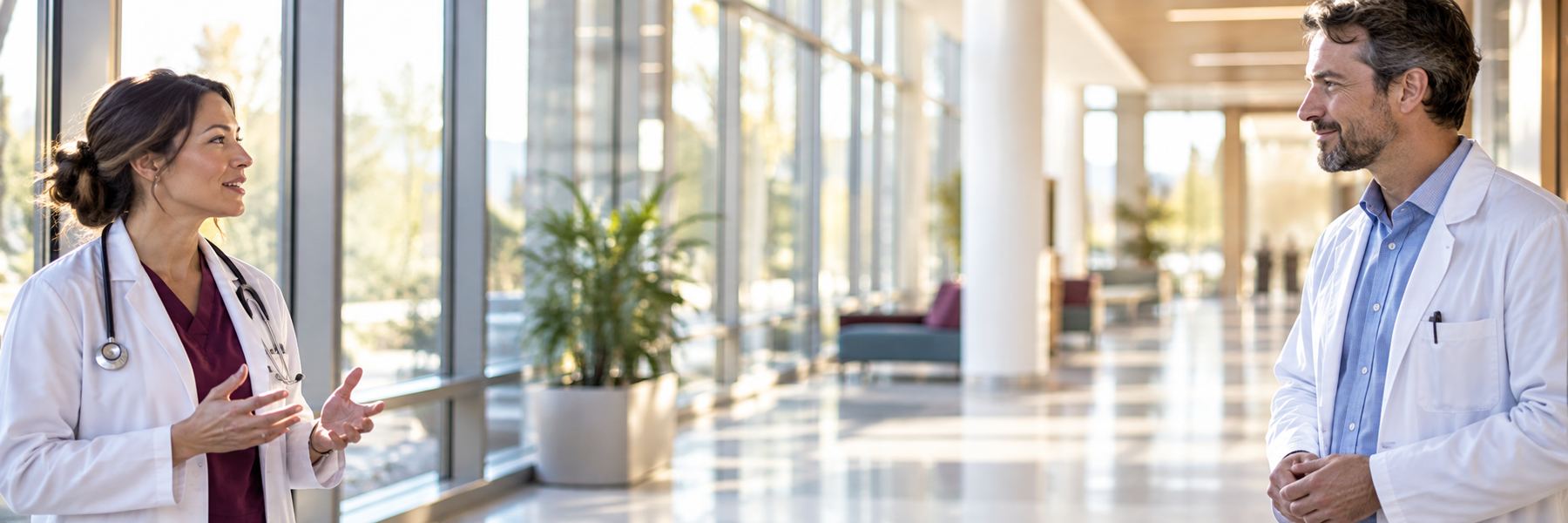 Two physicians in white coats talking in a bright, sunlit hospital corridor.