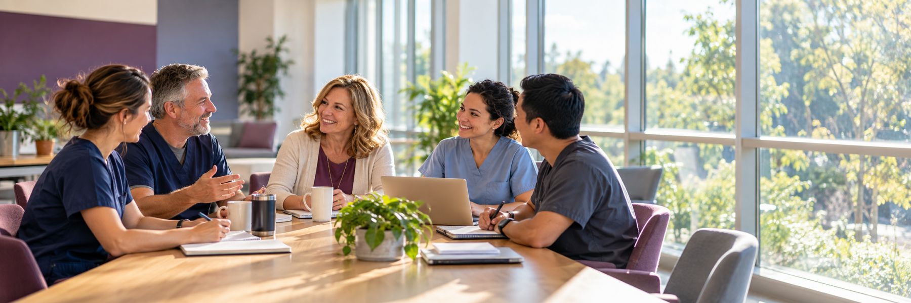 A rehabilitation department team talking together around a table in a bright, sunlit conference room.